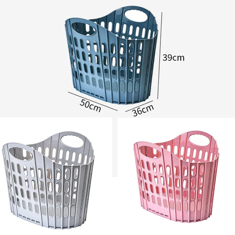 Blue plastic folding mesh dirty laundry basket shown in open position