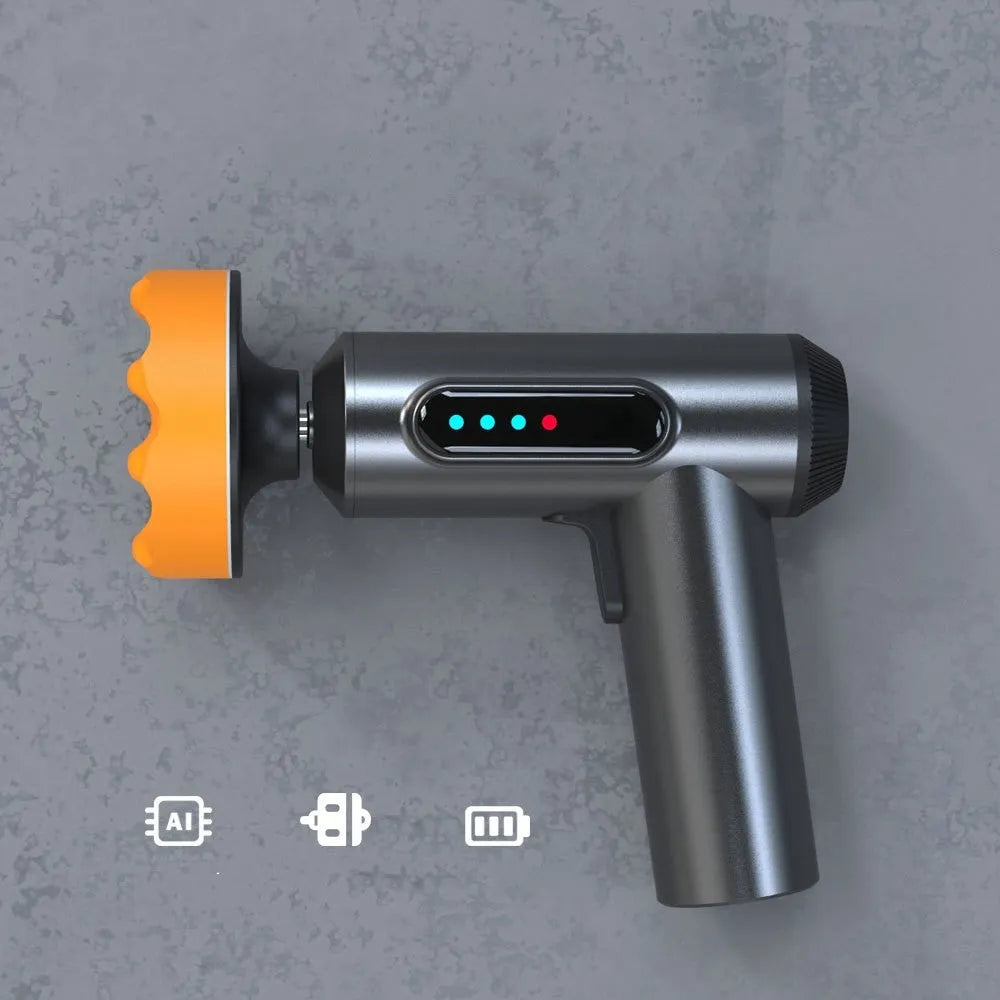 Cordless electric waxing and polishing machine with a white ABS body and a grey polishing disc.