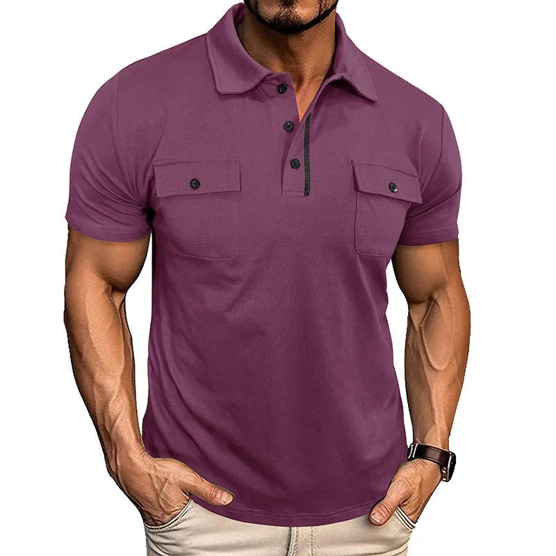 Men's cotton blend polo shirt, short sleeve, loose fit, lapel collar, with pockets, in army green