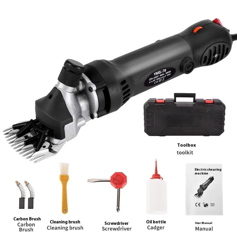 Yellow electric wool shearing machine with 13-tooth straight blade and accessory kit including multiple blades and maintenance tools
