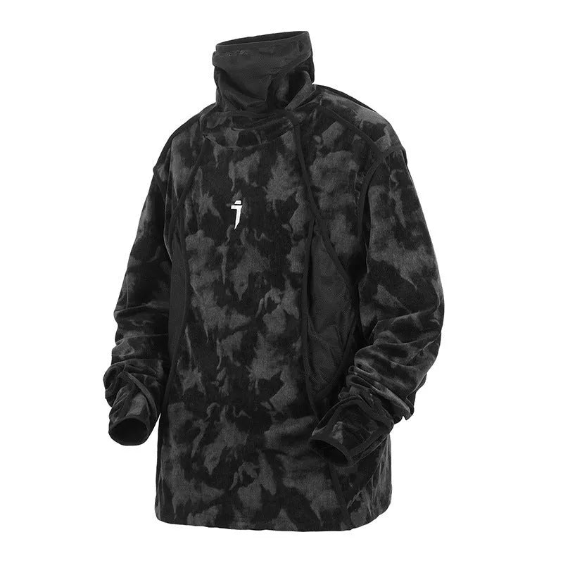 Men's black tie dye sweater with finger turtleneck collar and drop-shoulder sleeves