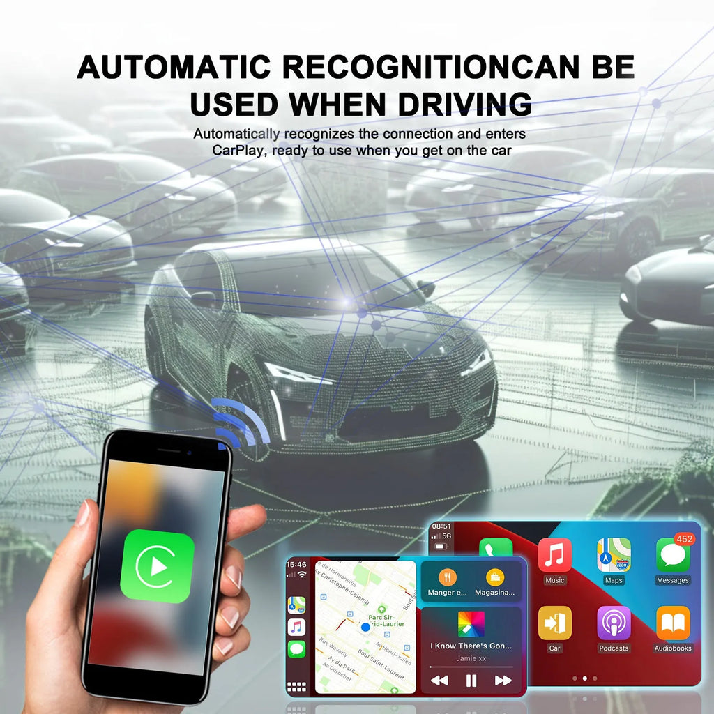 Black wireless CarPlay module with connection cables for converting wired car systems to wireless operation