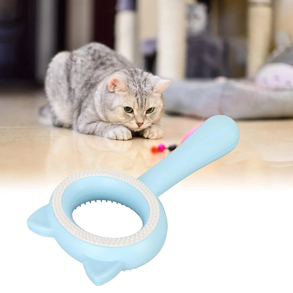 Blue and white dual-sided pet grooming brush with deshedding comb and massage functions