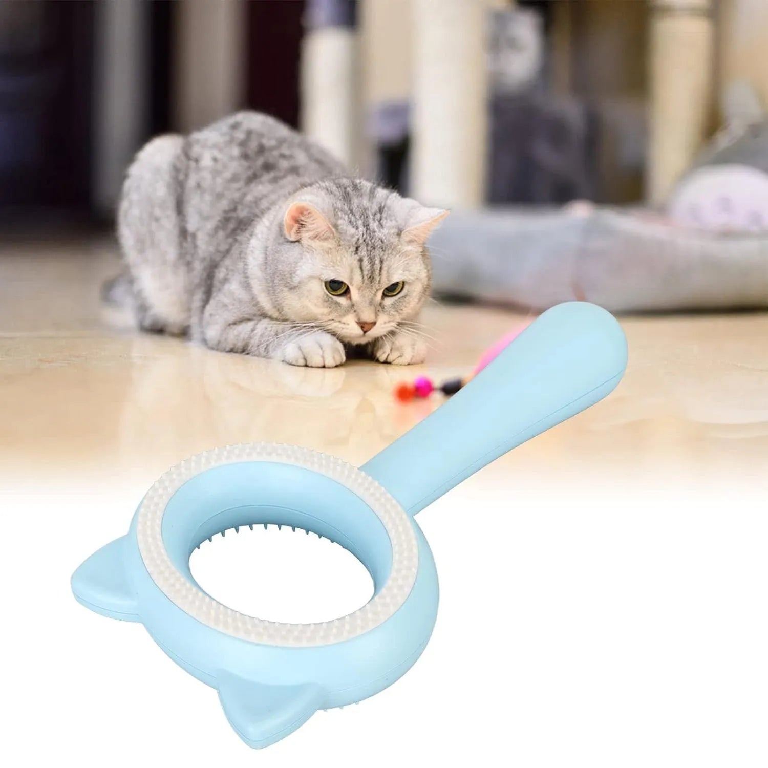 Blue and white dual-sided pet grooming brush with deshedding comb and massage functions