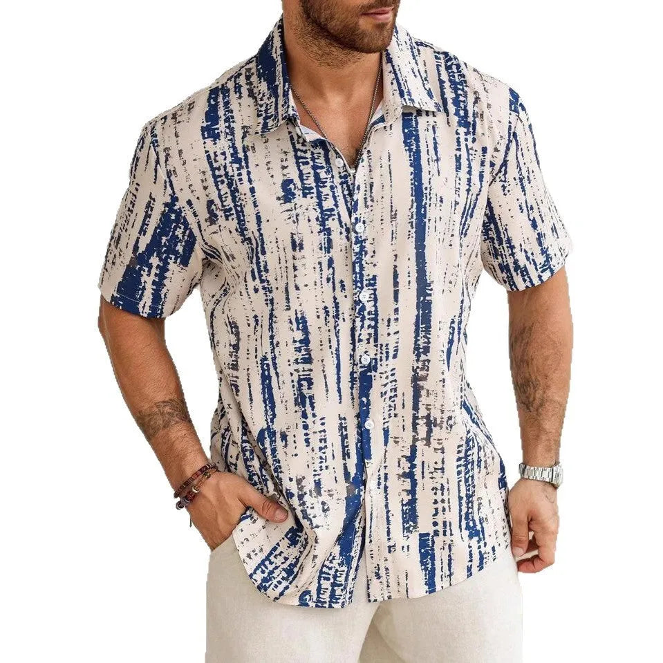 Man wearing a casual blue striped short sleeve polyester shirt for summer