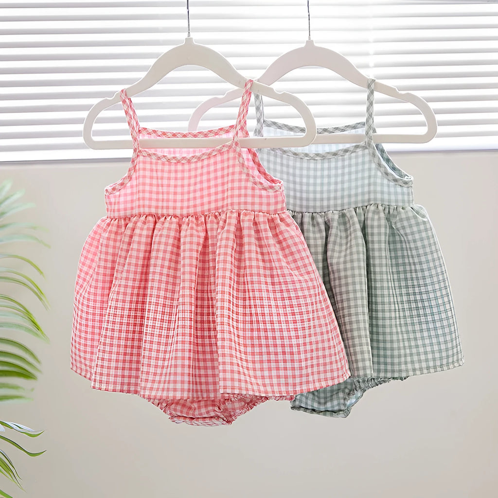 Korean style baby sling romper plaid dress in light green, polyester fabric, front view