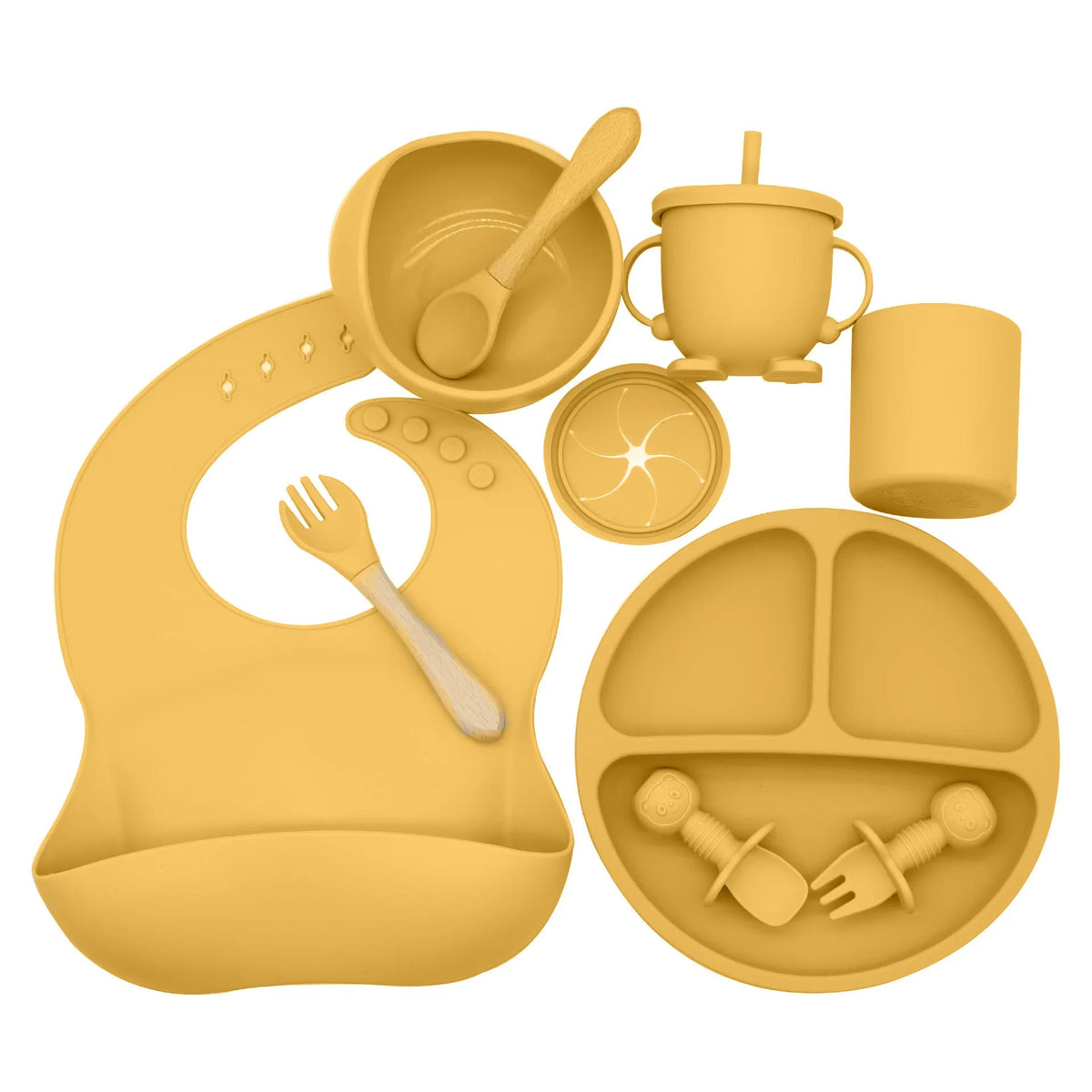 New baby silicone feeding set with ten pieces in dark red, grey blue, olive green, mango, light pink, and grey