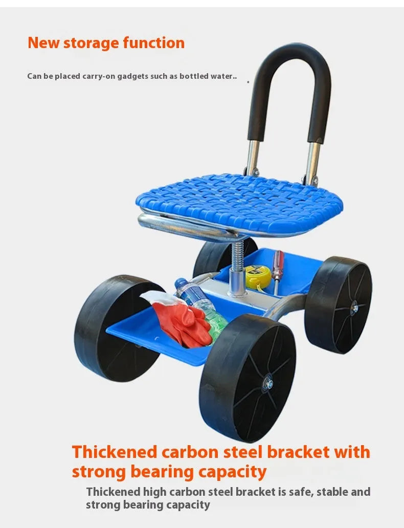 Garden mobile seat with wheels on a lawn, showing galvanized pipe frame and PP seat