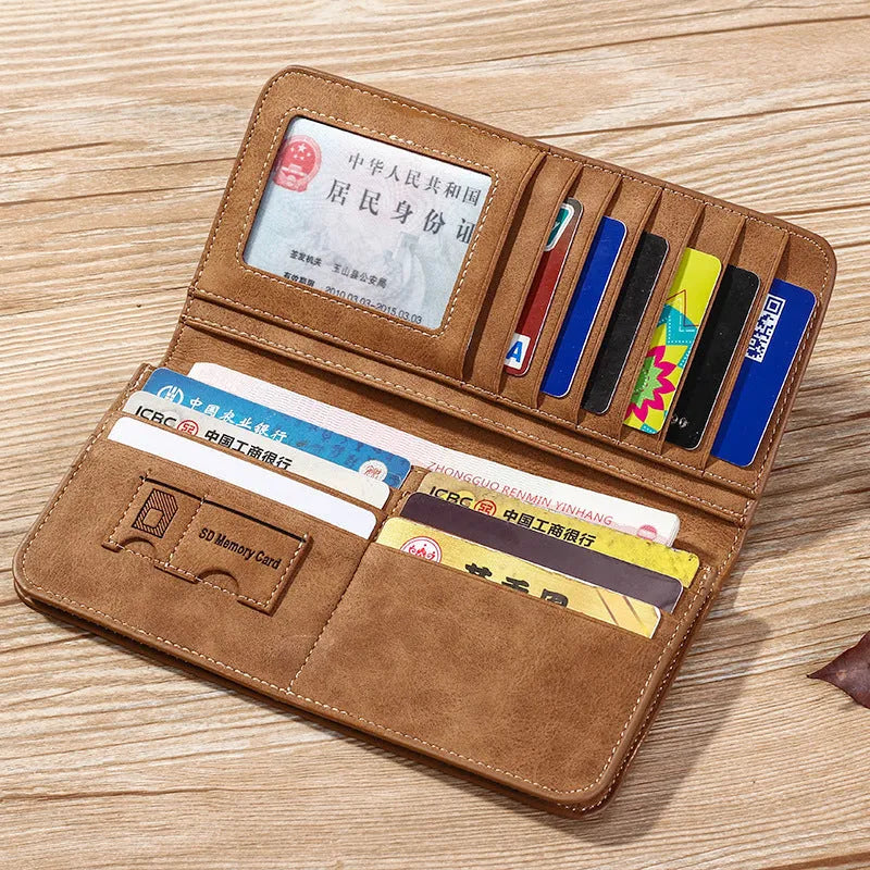 Long men's PU leather wallet in brown, blue or off-white with two-fold opening, car suture detail and card, ID, photo and bill slots.