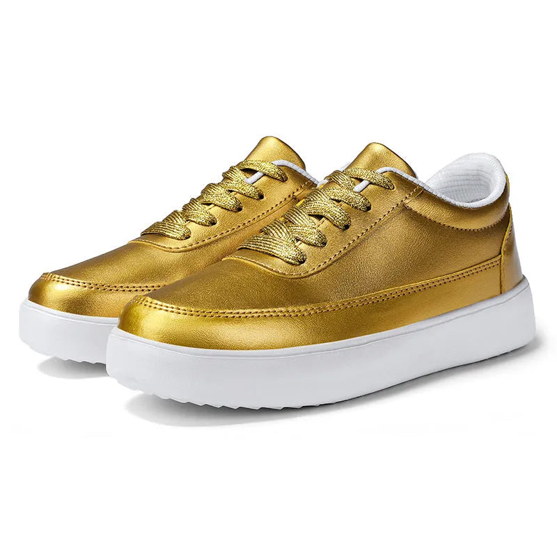 Women's leather flat casual shoes with lace-up front in white, silver, or gold colour options
