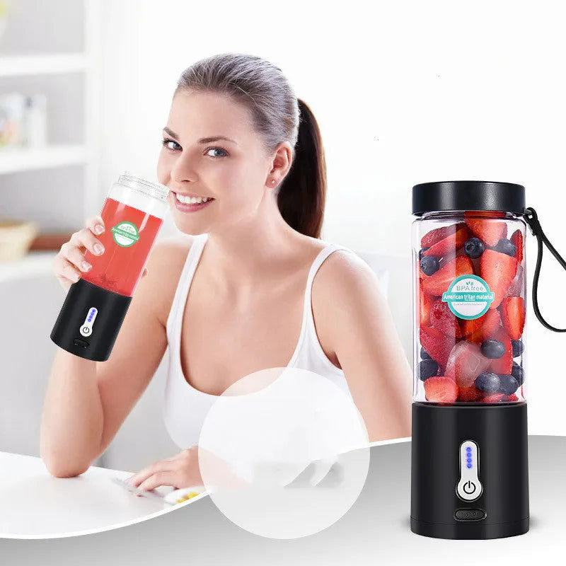 Portable rechargeable blender with 530ml cup in various colours including black, white, blue, and rose red