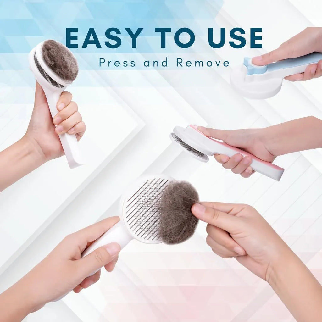 Self-cleaning slicker brush for dogs and cats with blue rubber handle and stainless steel pins