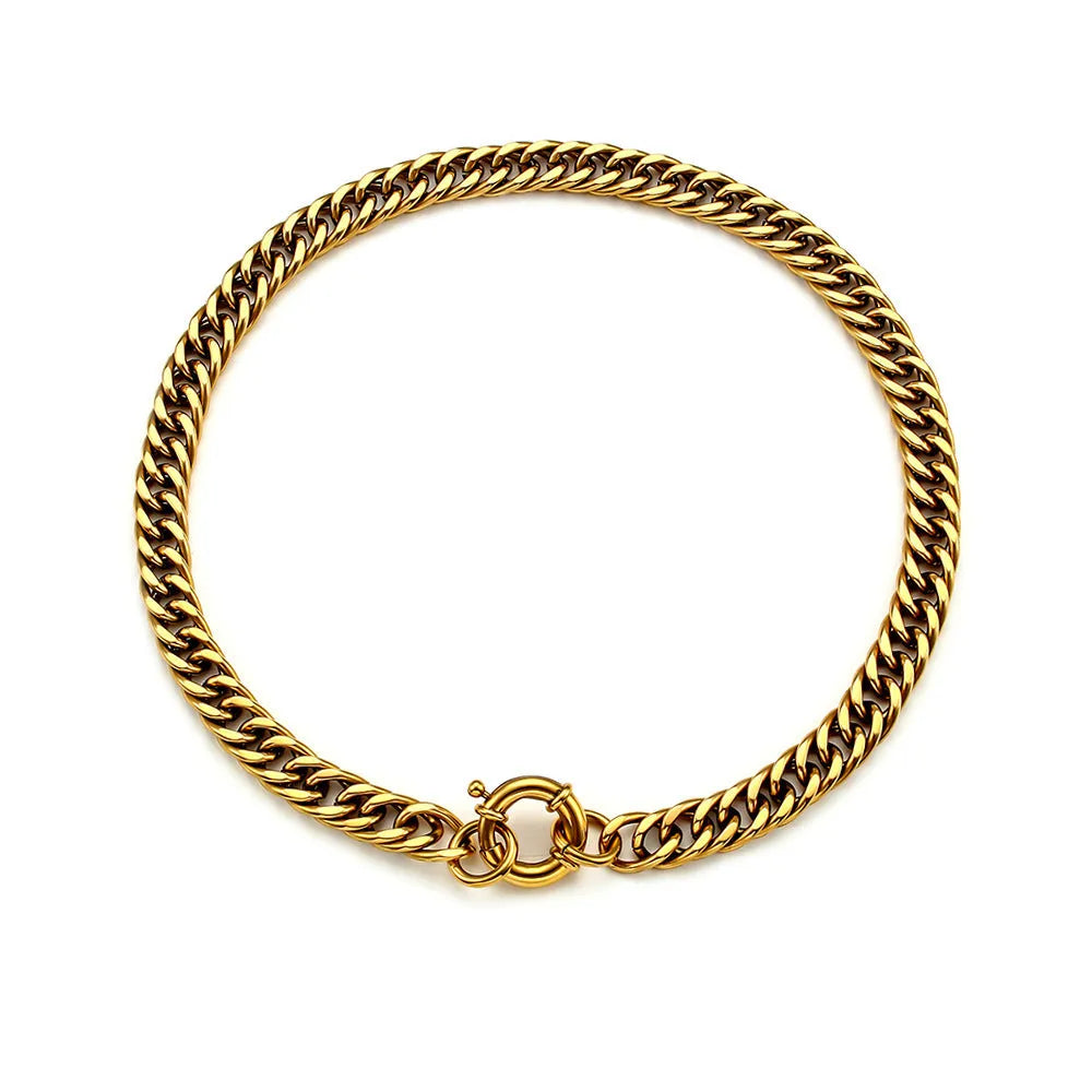 Stainless steel 18K plated gold clavicle necklace with thick encrypted chain and OT buckle on white background