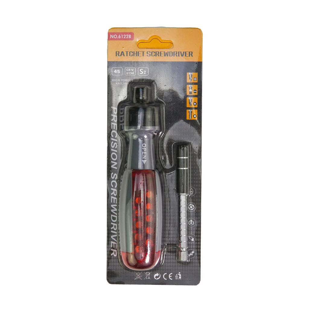 Ratchet screwdriver with two-way retractable chrome vanadium steel bits, ABS handle, and magnetic tip on white background