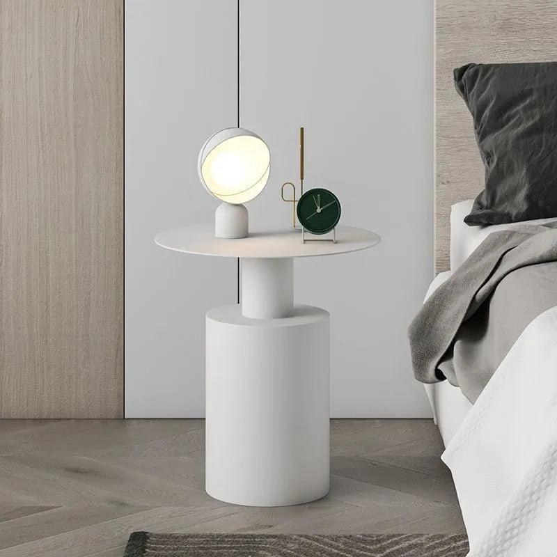 Round Nordic style metal bedside table in beige, frosted white, or frosted black for bedroom use