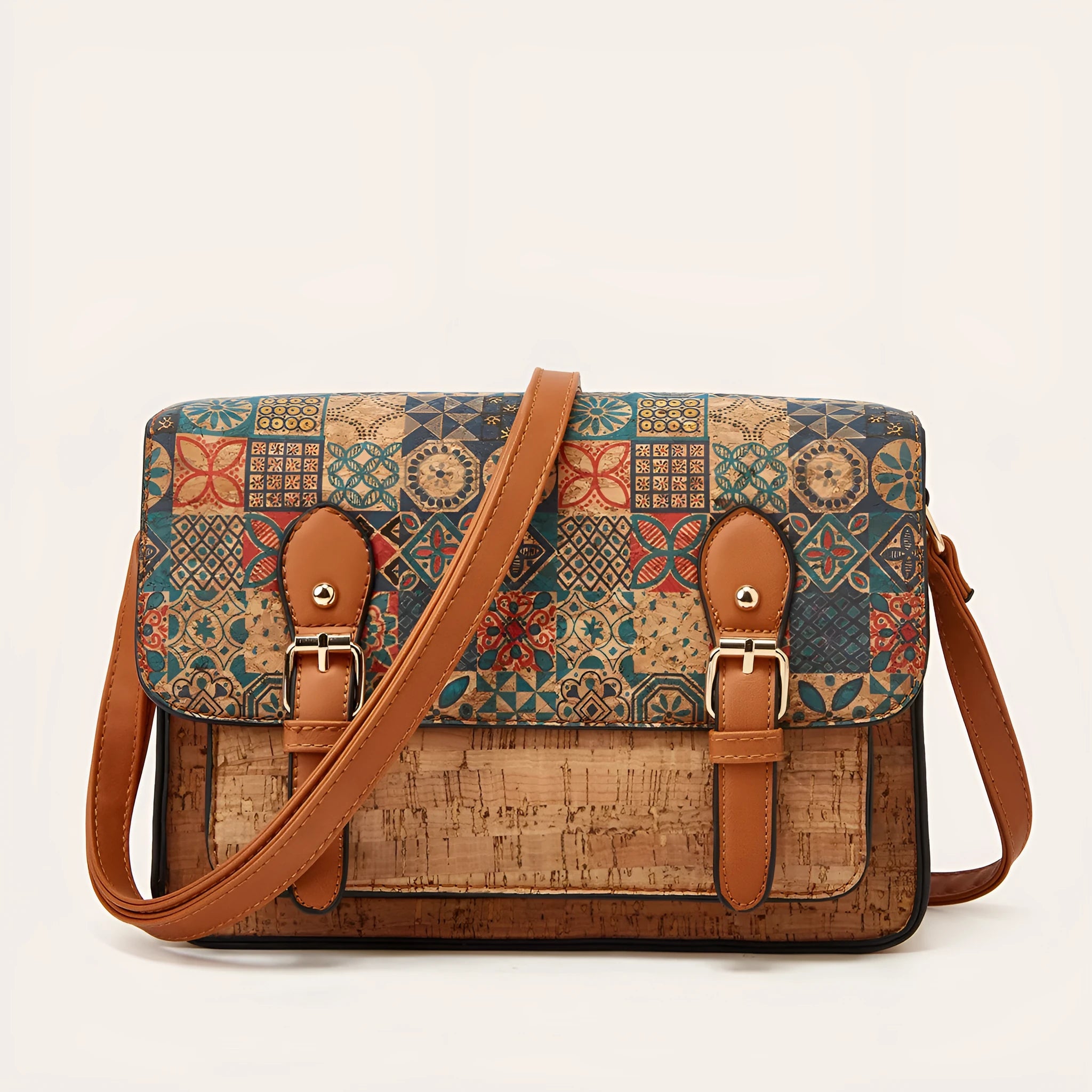 Women's printed PU leather crossbody bag in a floral design, showing single shoulder strap and large compartment.