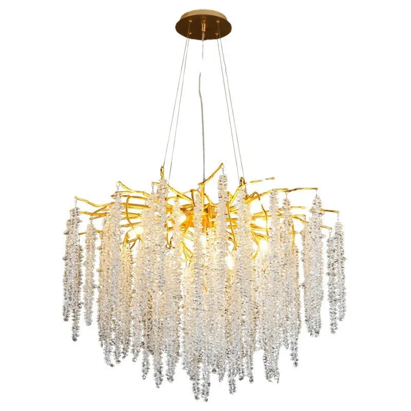 Crystal chandelier light with aluminium alloy frame in round and long style options.