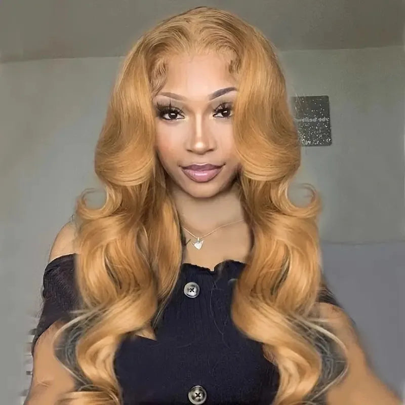 Light brown synthetic wig with long golden big waves, side bangs, and heat-friendly high temperature fibre.