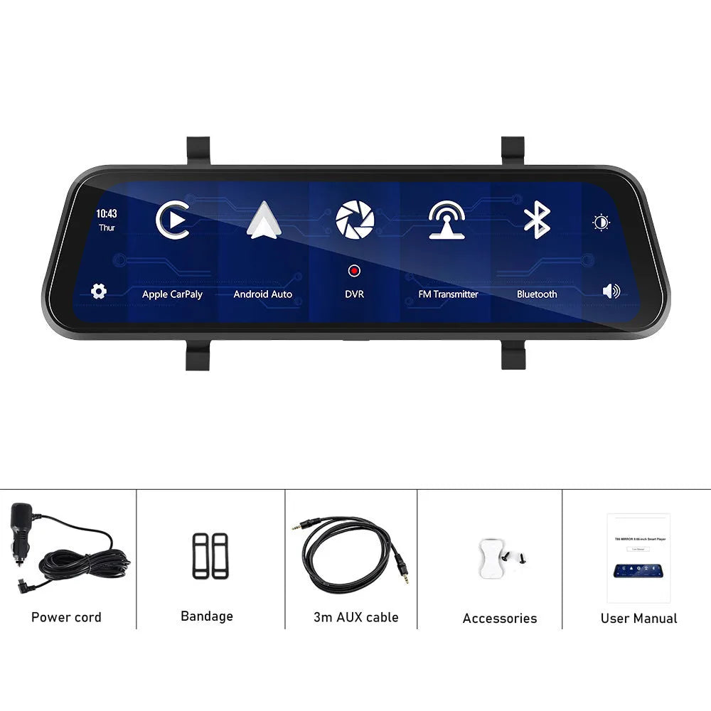 9.66-inch black touchscreen car dash cam recorder mounted on a car windscreen.