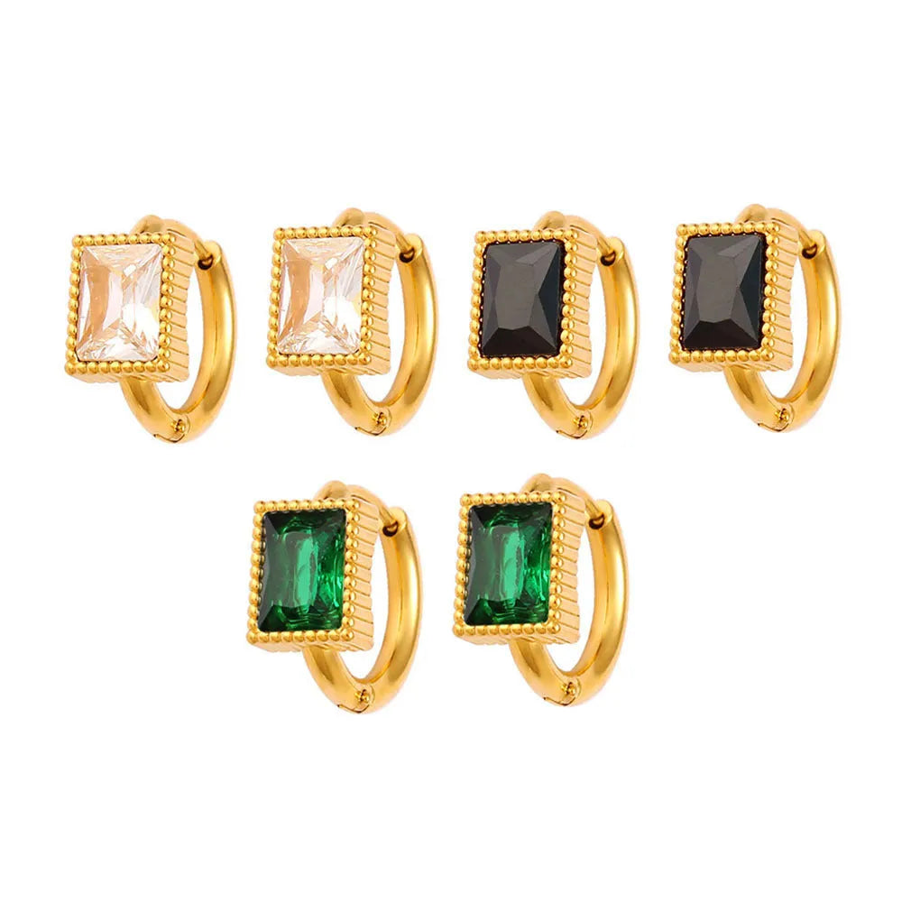 Square geometric stainless steel earrings with round ring details in white, black, or green.