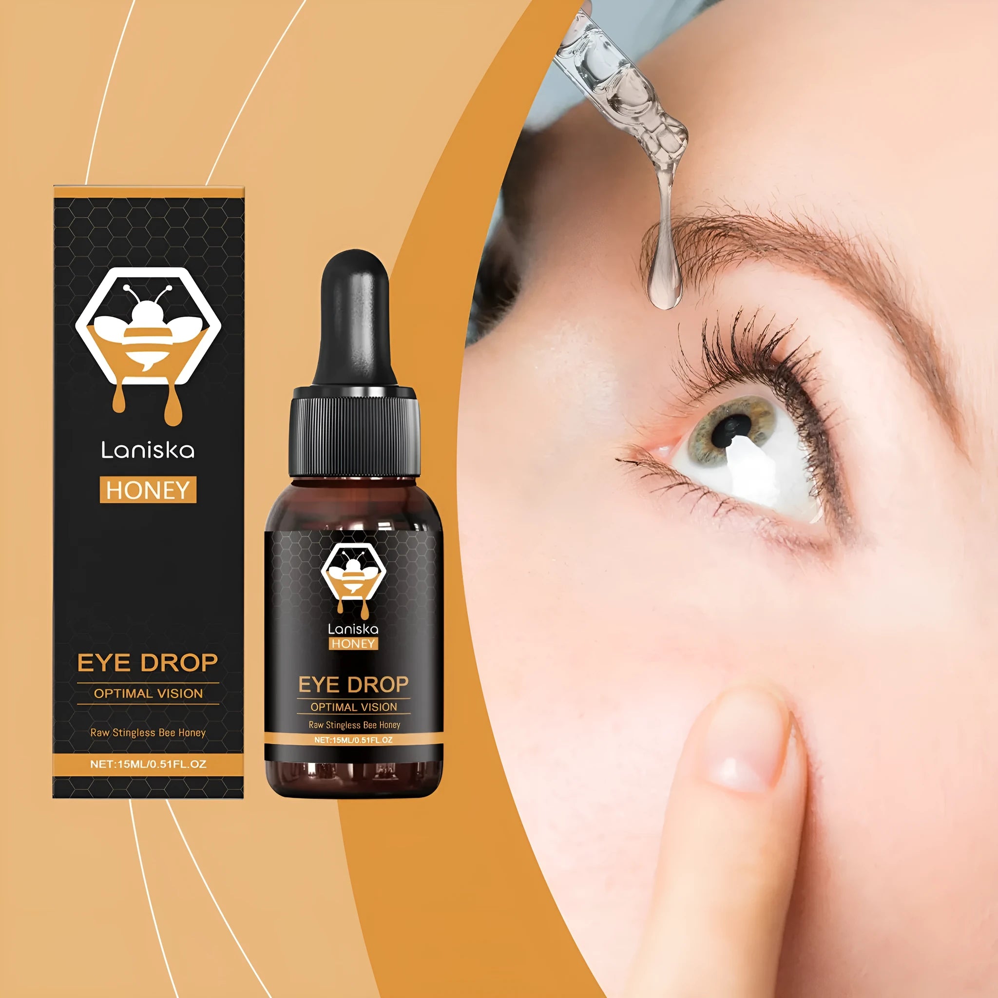 15ml bottle of honey eye drops for dry eyes and fatigue relief with natural active ingredient