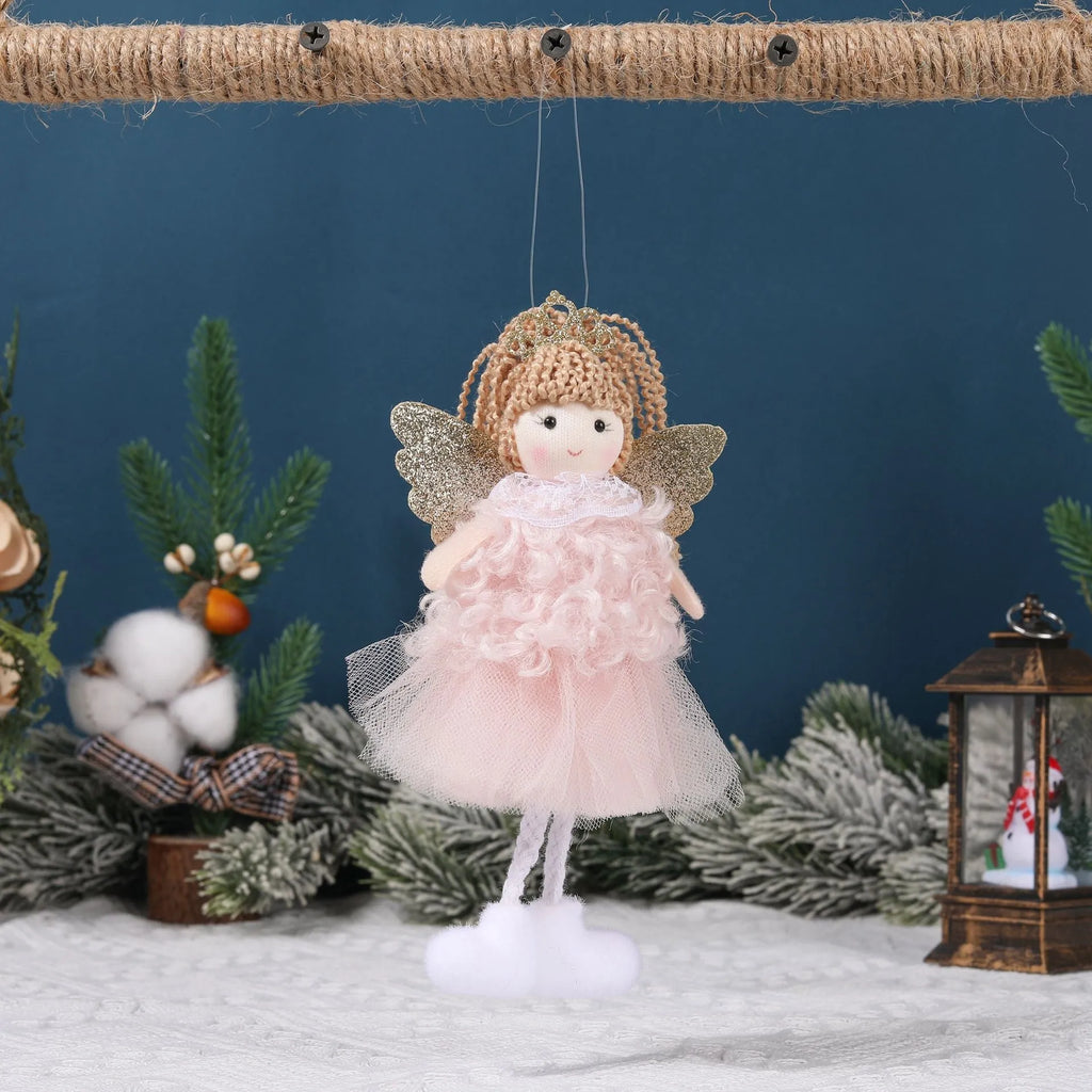 Cartoon angel cloth hair clip pendant for Christmas, shown on a high ponytail.