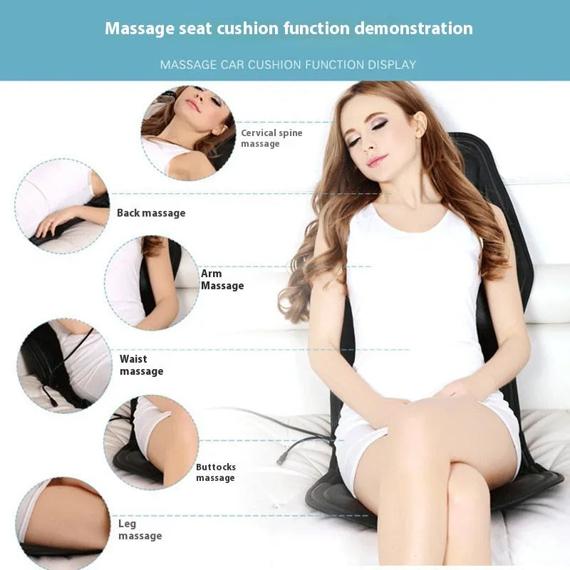 Black heating massage mat seat cushion with infrared physiotherapy function and adjustable speed control