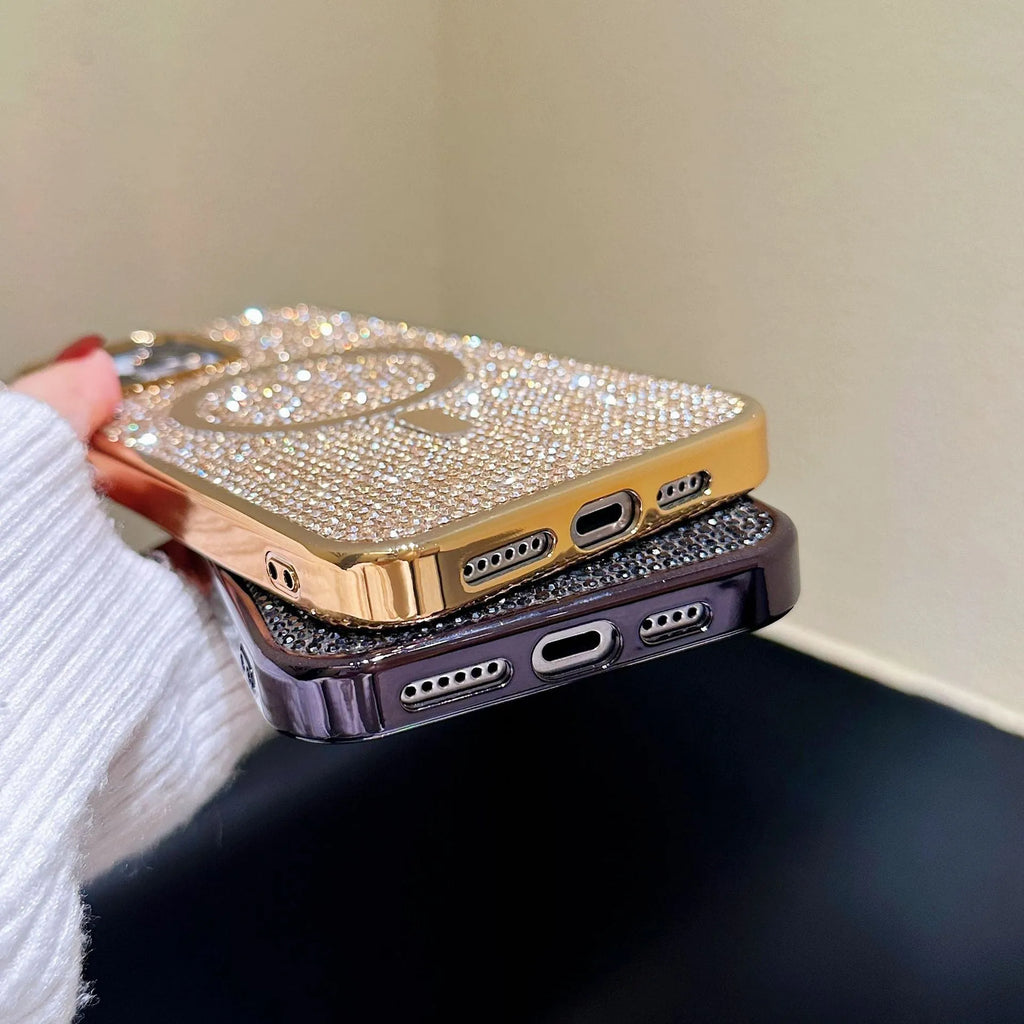 Rhinestone electroplating TPU phone case with diamond magnetic suction on a black iPhone model