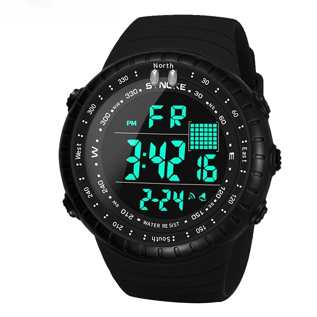 Black digital waterproof watch with large 54.74mm dial and textured PU strap on a wrist