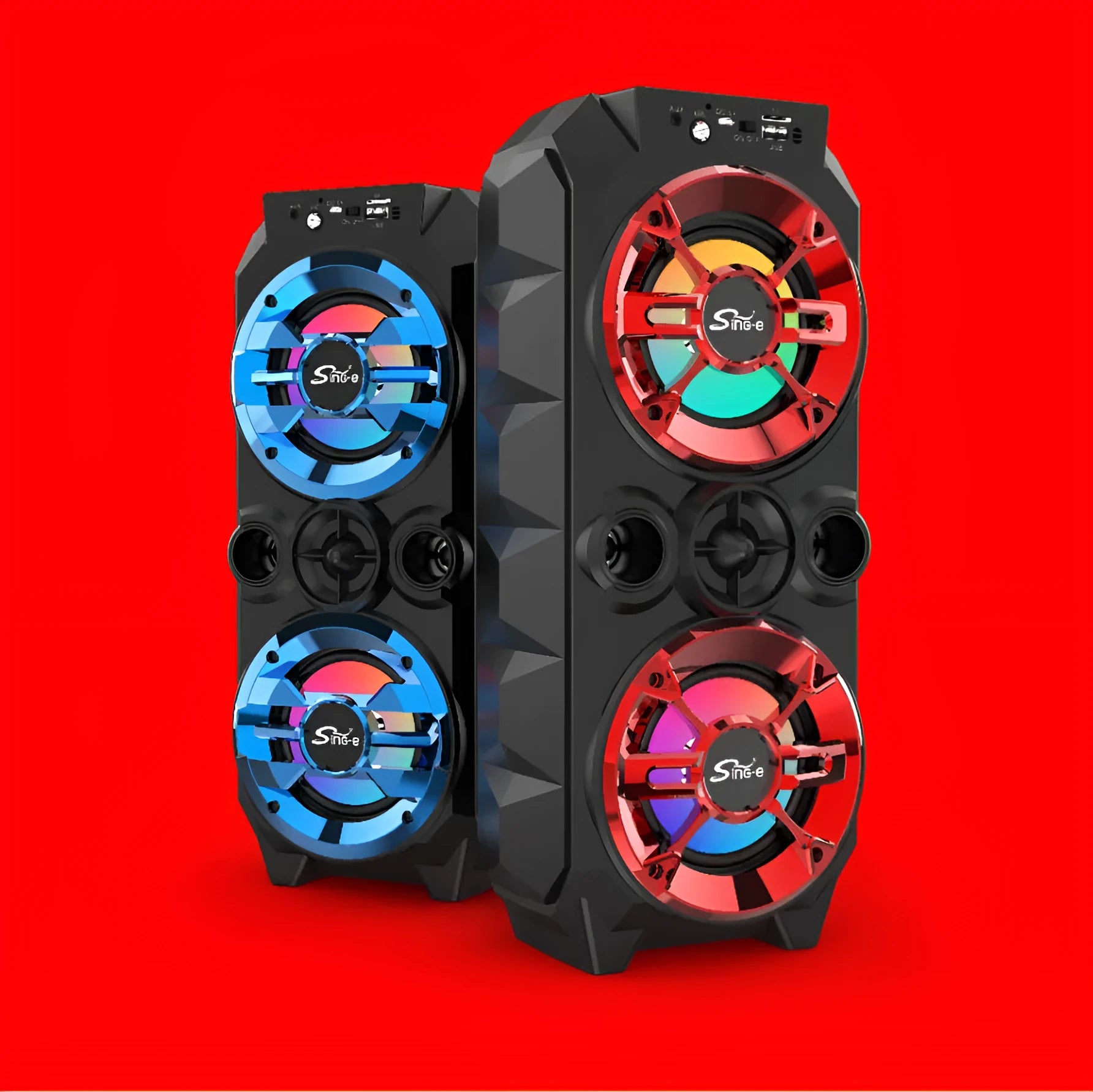 Portable Bluetooth speaker with colour LED lights in blue colour option showing control buttons