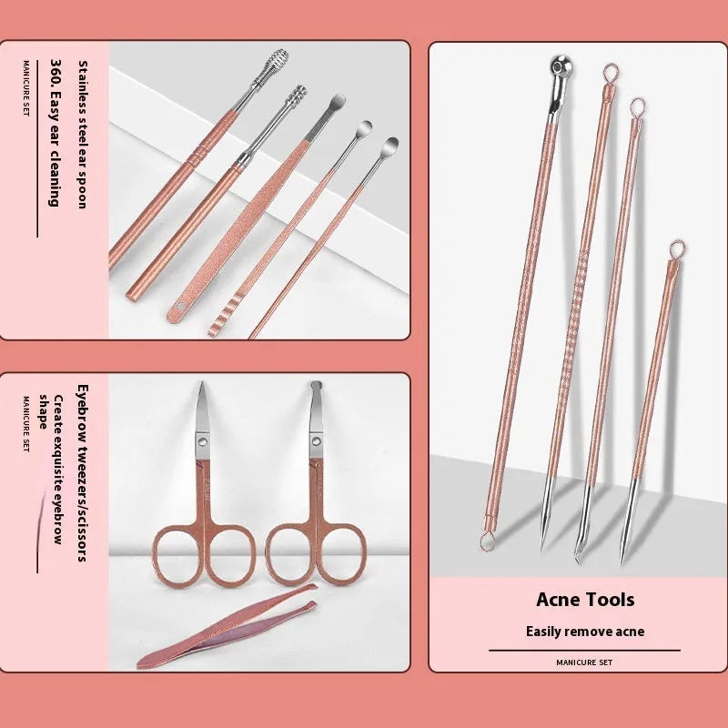 30-piece stainless steel nail beauty tool set shown in one of five colour options: black, blue, green, pink, or rose gold.