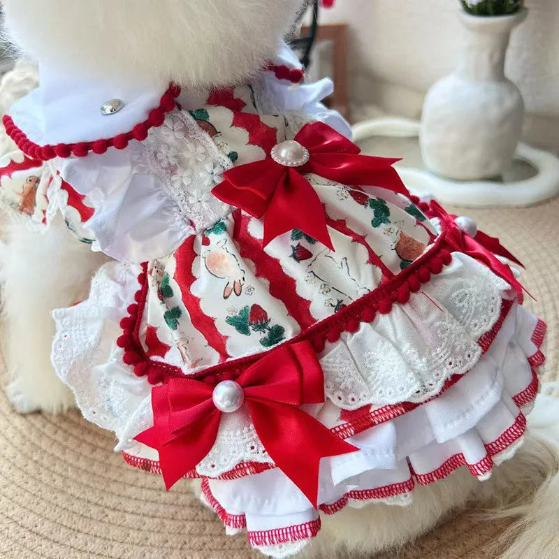 Small white dog wearing a light pink rabbit skirt princess-style polyester dress.