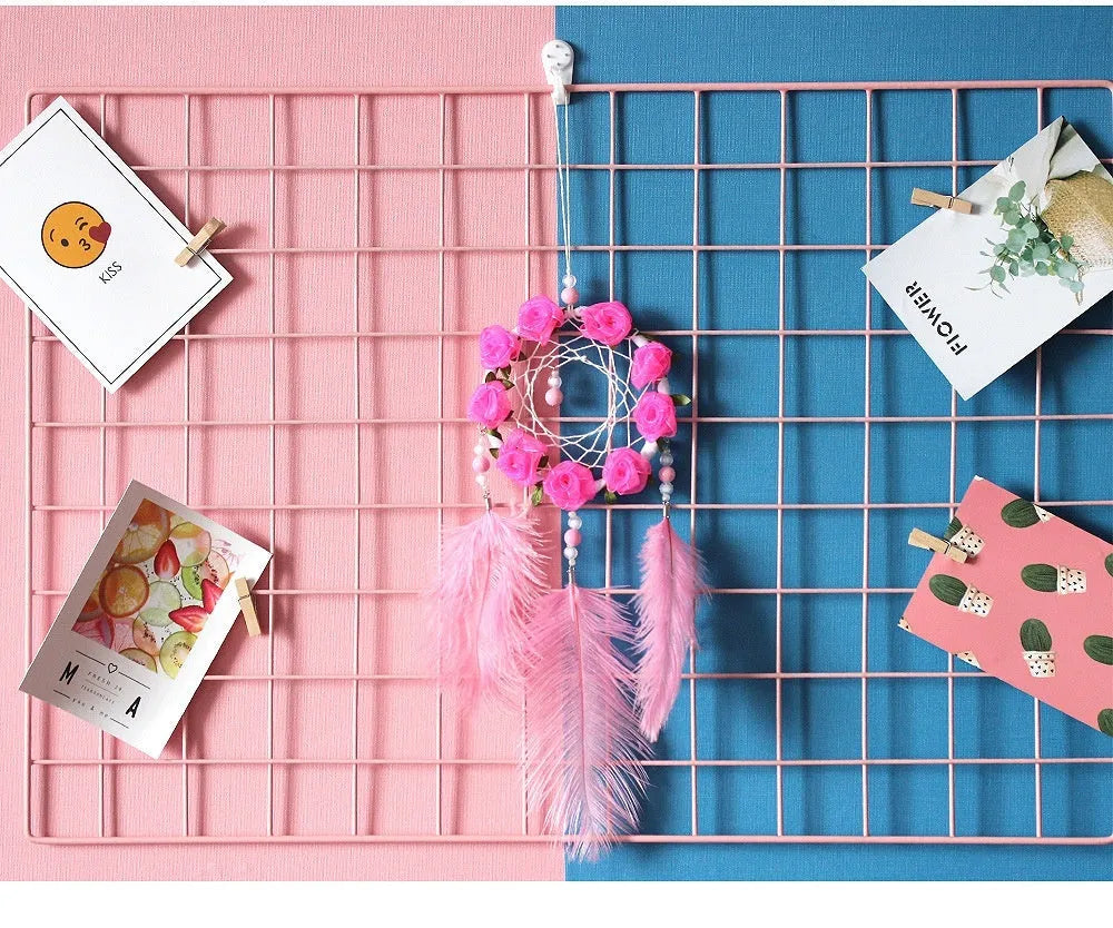 Pink dreamcatcher wind chime with ostrich feather ornaments, 10cm diameter wall decoration