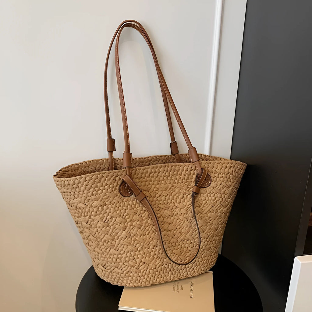 European retro style woven bag in khaki colour showing woven texture and horizontal square shape