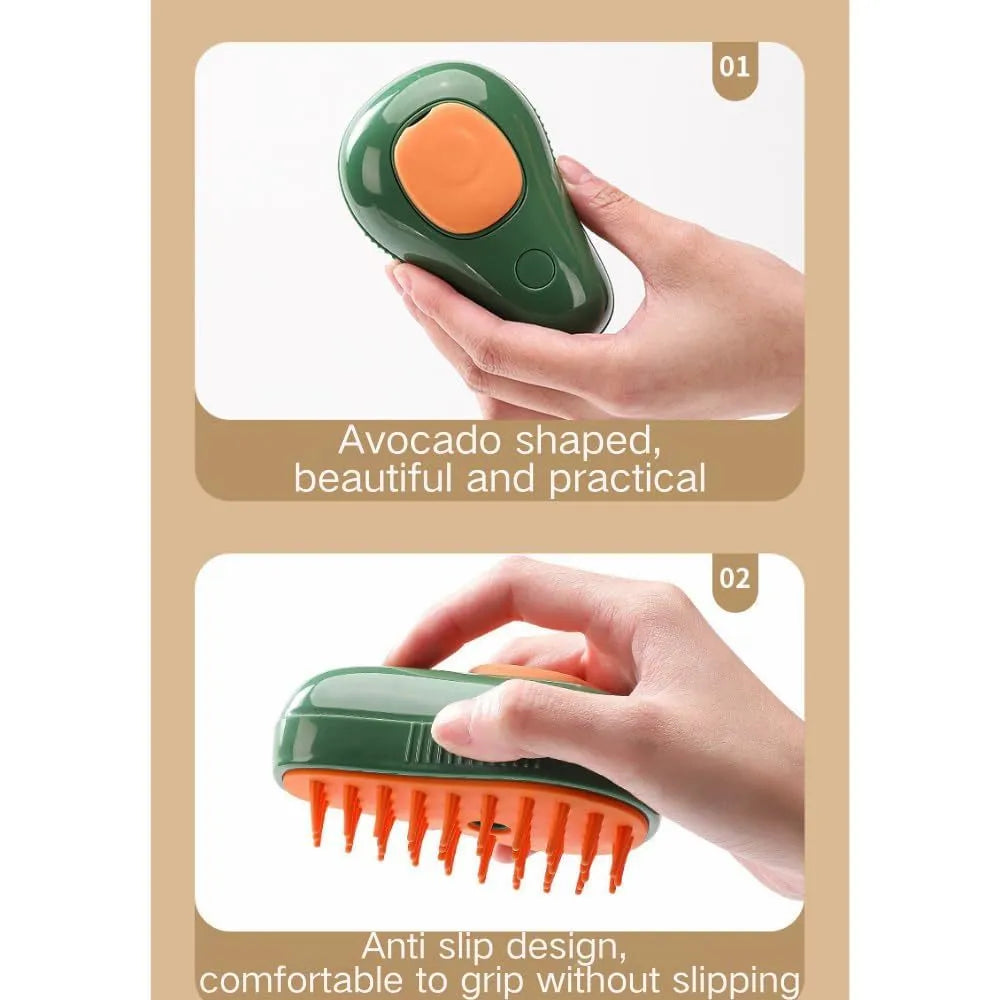 Green and white rechargeable 3-in-1 cat steam brush with silicone teeth and water spray nozzle.