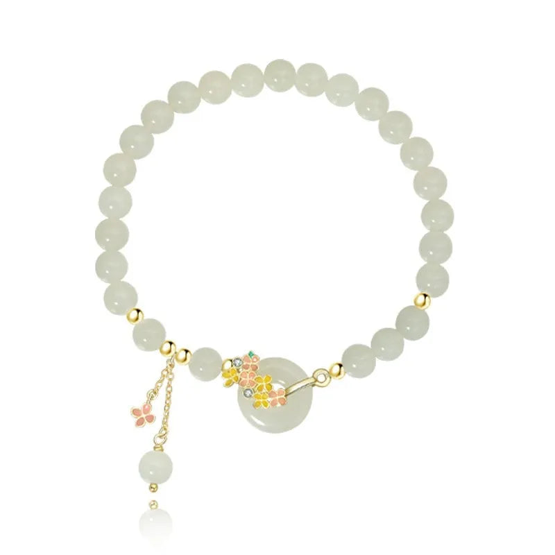 Osmanthus style sterling silver bracelet with inlaid 6mm natural Hetian jade gemstone and peace buckle clasp