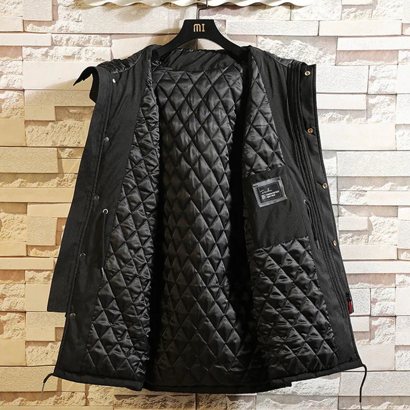 Men's hooded mid-length polyester coat in black with acetate lining on male model