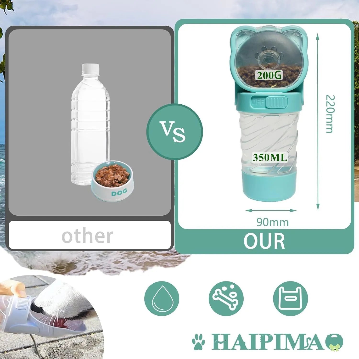 Green 3-in-1 portable pet water bottle with food container and waste bag dispenser, held by its strap.