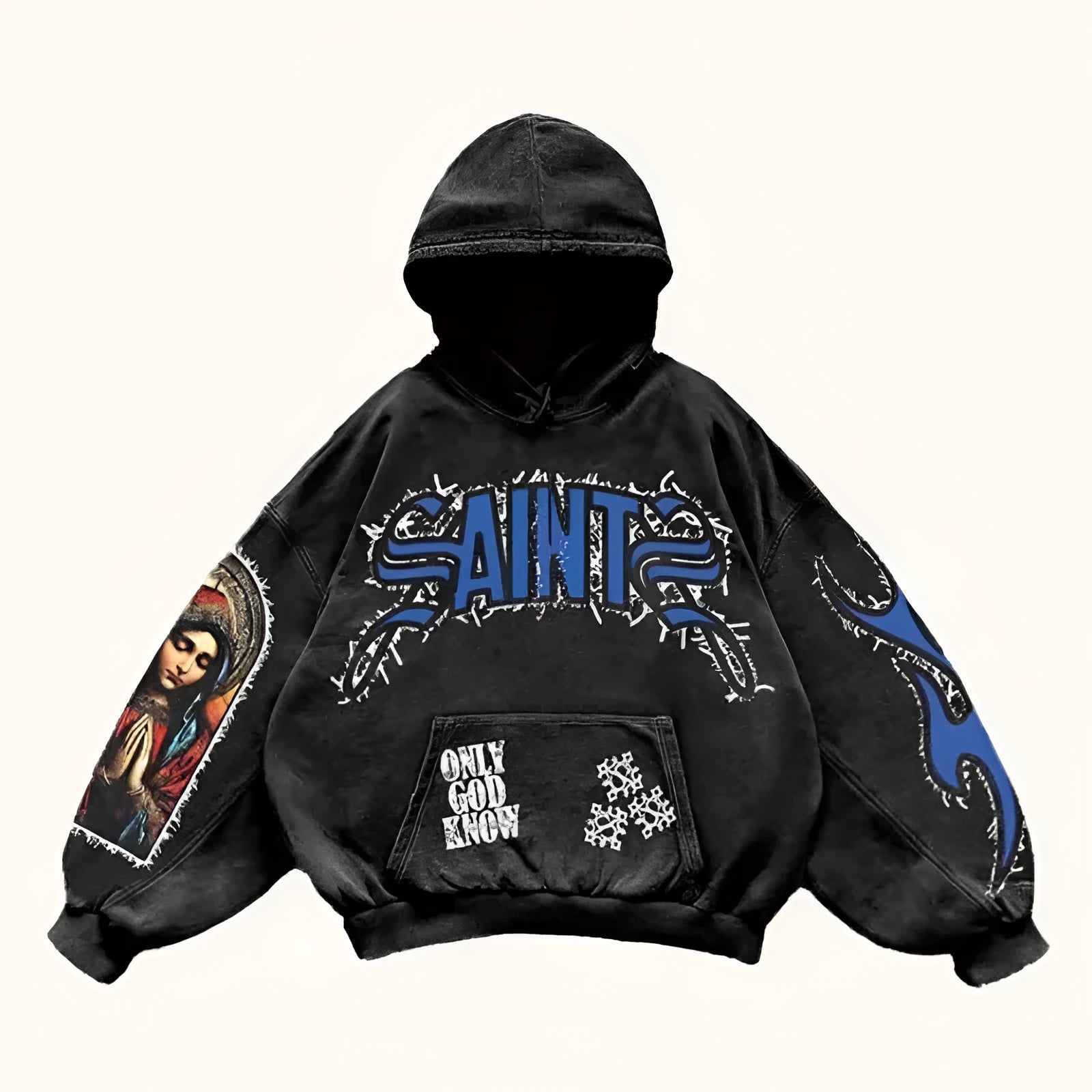 Men's black pullover hooded printed sweater with long sleeves and loose fit on a model