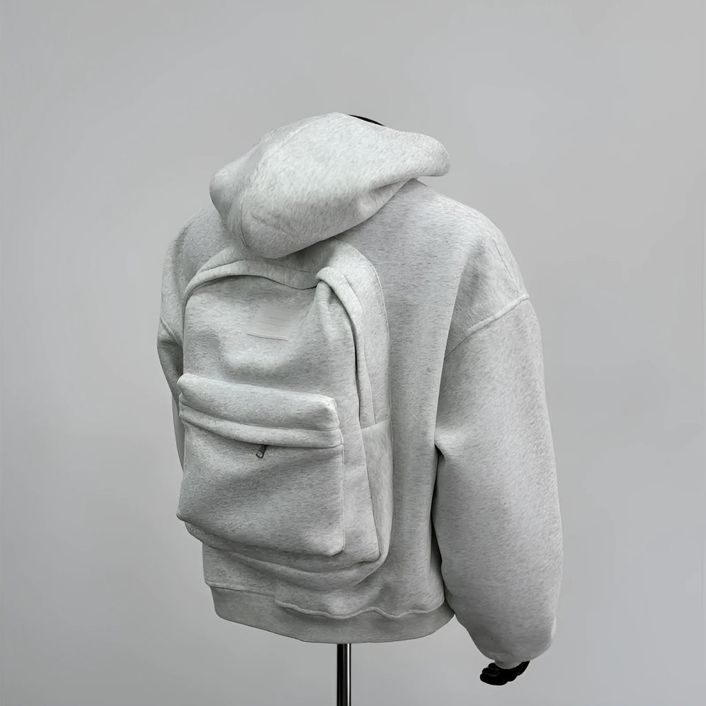 Men's grey hoodie jacket with back schoolbag design detail showing front and back views