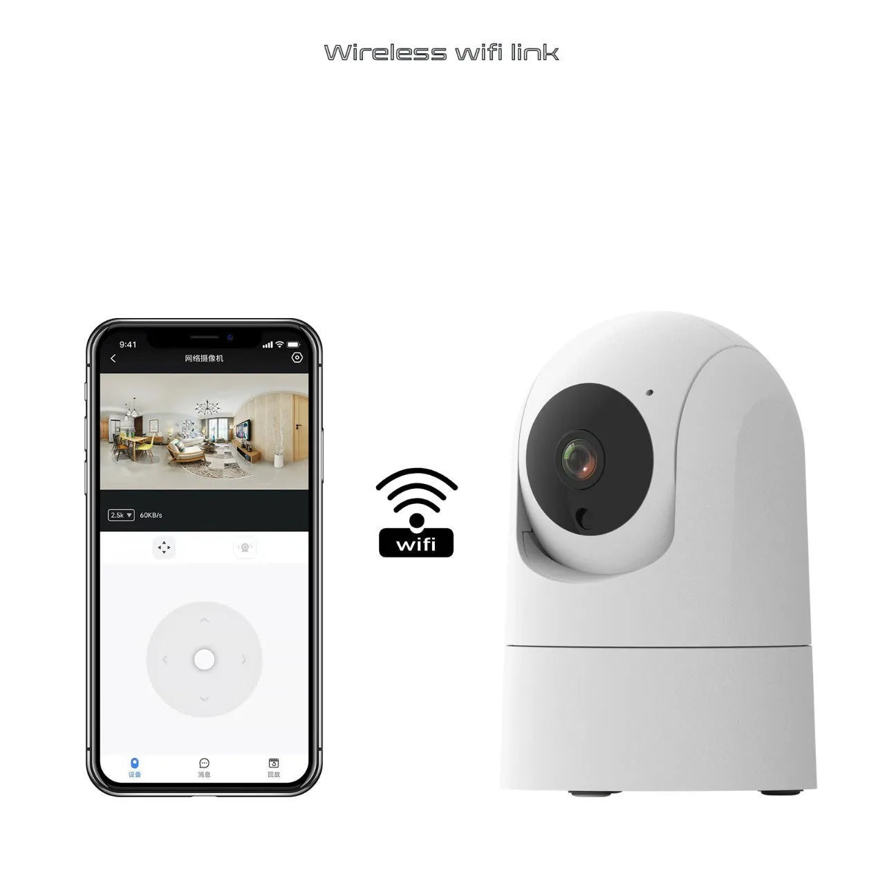 White indoor smart security camera on a stand with a wide-angle lens.
