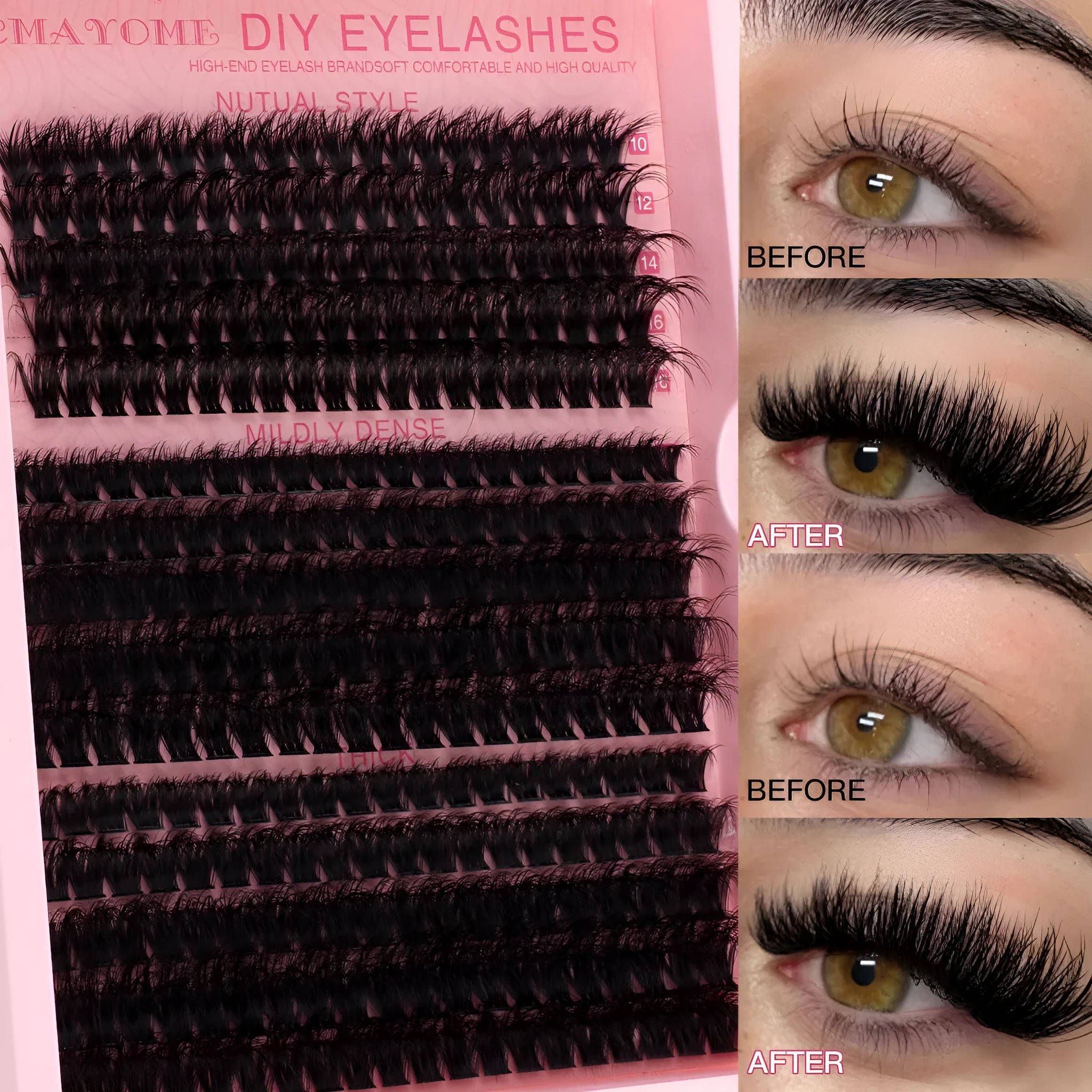 DIY false eyelashes extension suit showing segment single clusters and eyelash tweezers on packaging.