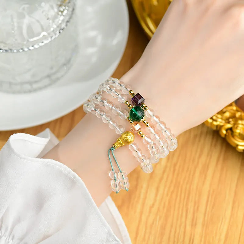 White crystal 108-bead rosary bracelet necklace with geometric shaping and ethnic design elements