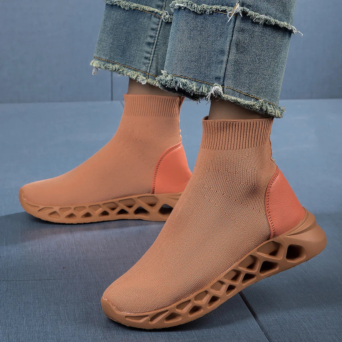 Women's casual mesh sock boots in black colour with flat sole and round toe design