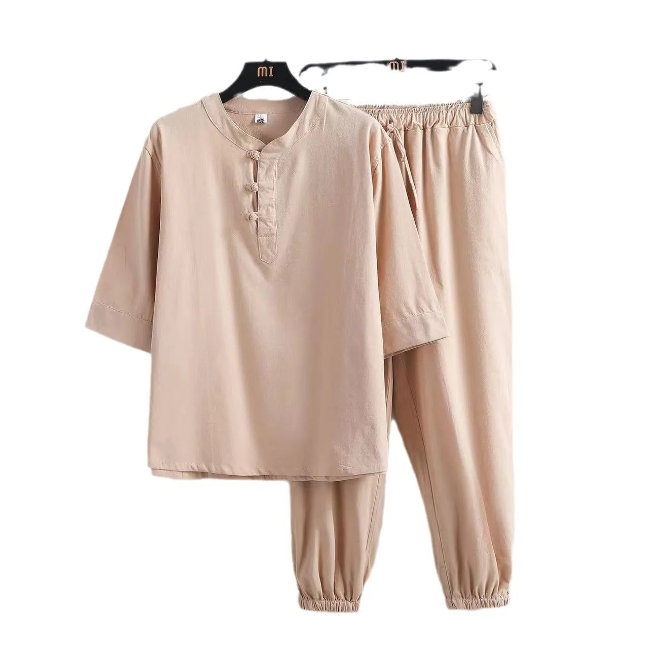 Men's cotton linen short sleeve Hanfu lay Buddhist suit in khaki, with front buckle and matching trousers