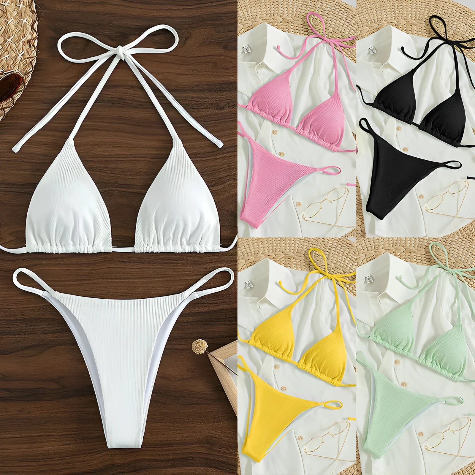 Women's white lace up bikini swimsuit with adjustable front on mannequin