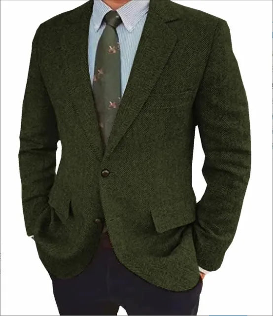 Brown herringbone pattern men's retro suit jacket with long sleeves on a hanger