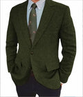 Brown herringbone pattern men's retro suit jacket with long sleeves on a hanger