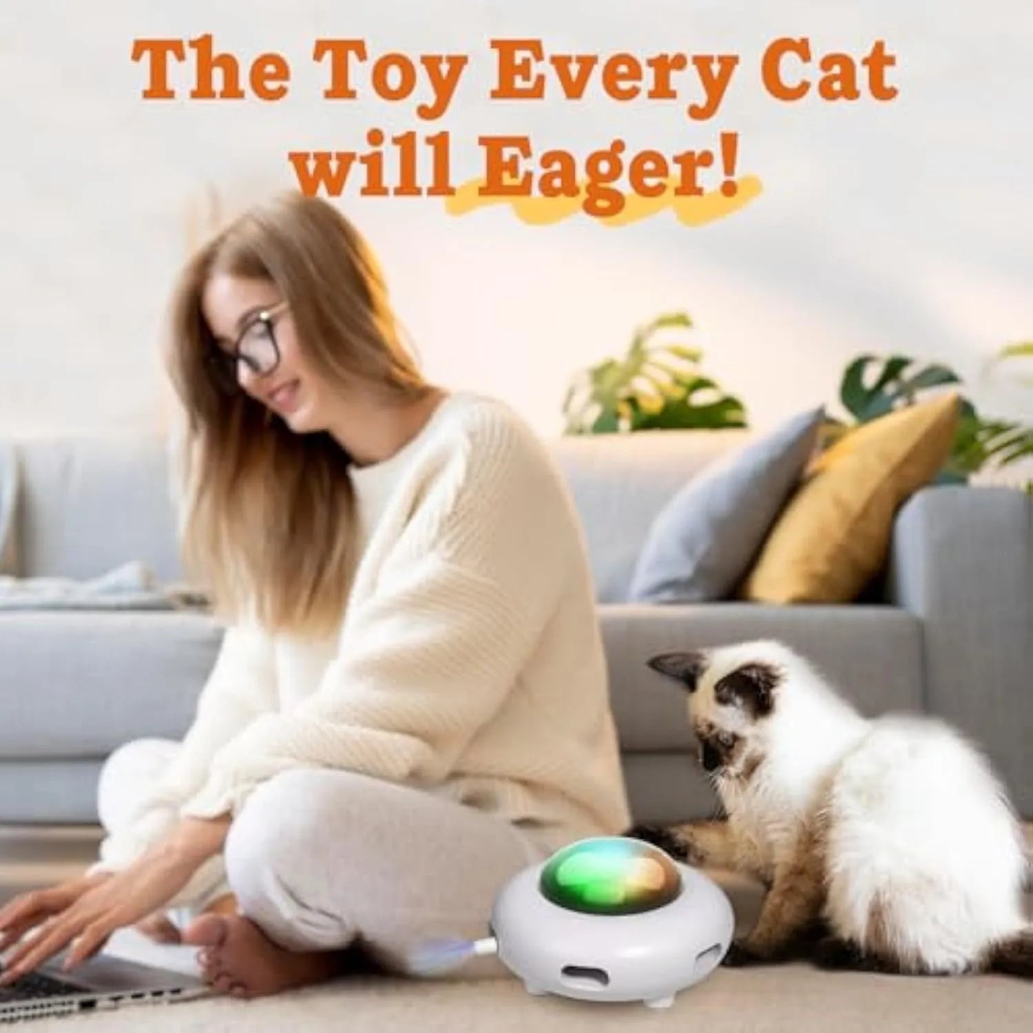 White automatic interactive cat toy with feathers and cleaning ring for indoor cats
