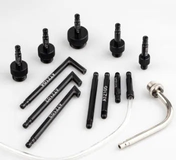 13-piece automatic transmission oil refuelling connector kit with various adaptors on a white background.